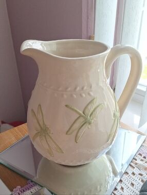 Unique Vintage Cream Ceramic Pitcher with Light Green Dragonfly Accents
